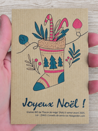 Carte de vœux à semer "Joyeux Noël" (Chaussette) - Graines de 'Flocon de Neige'